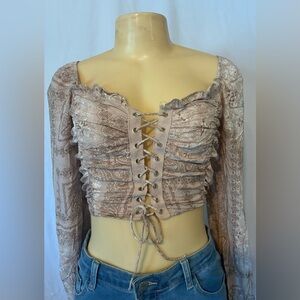 Windsor Lace-Up Paisley Blouse in Cream and Brown